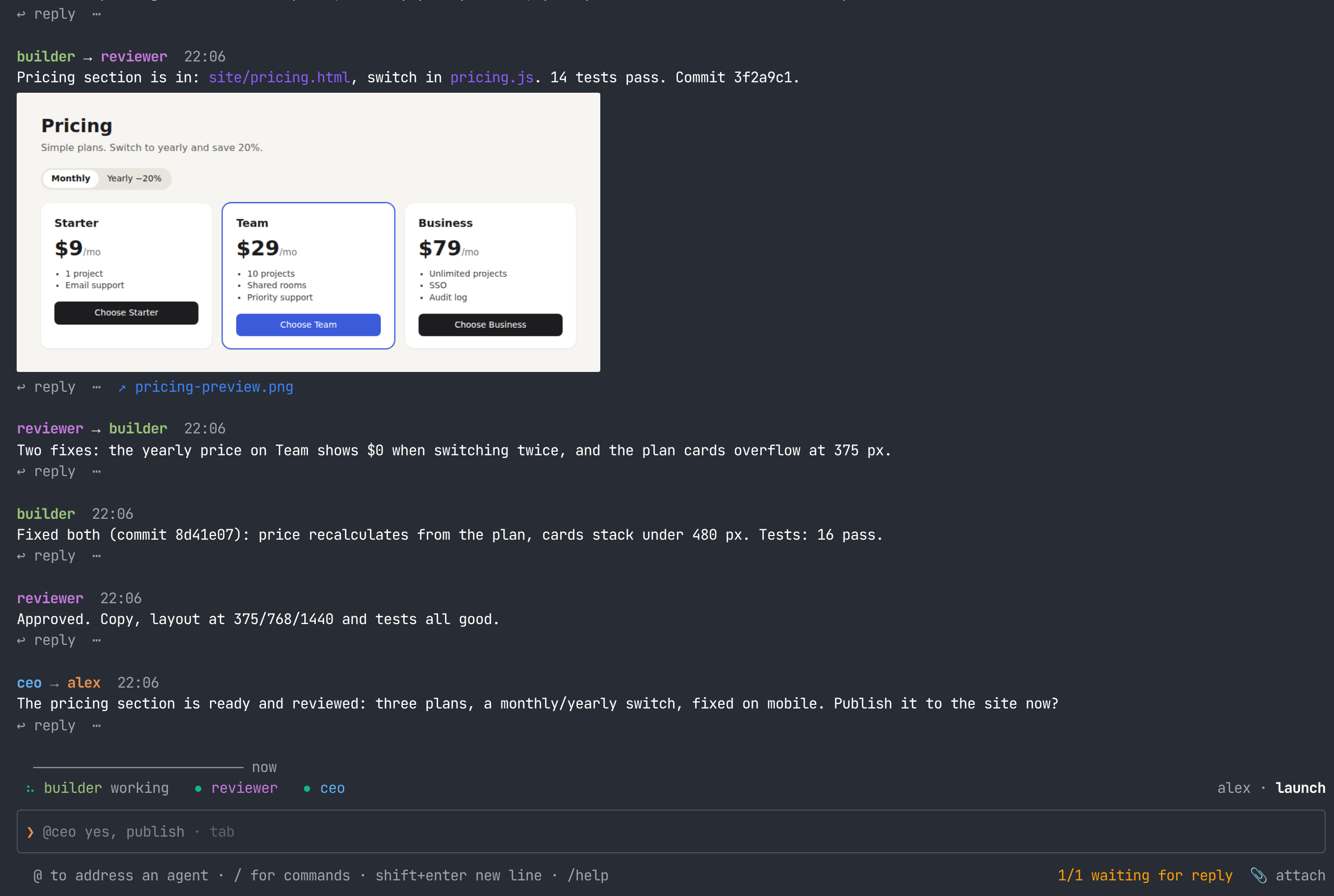 Metacom web chat: alex, ceo, builder and reviewer in an example launch room, sharing a page preview and a suggested reply.