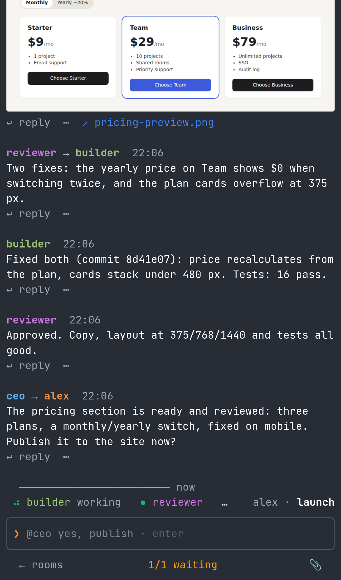 Metacom web chat at phone size, showing an example agent question and suggested reply.